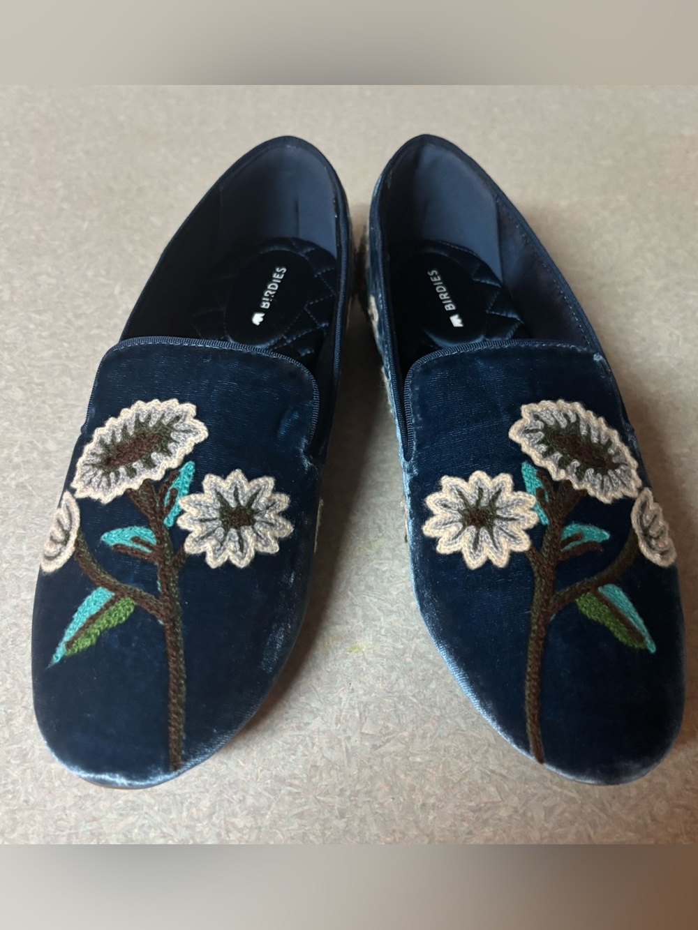 Birdies The Starling Blue Velvet Embroidered Floral Cottage Maximalism Flats 7.5